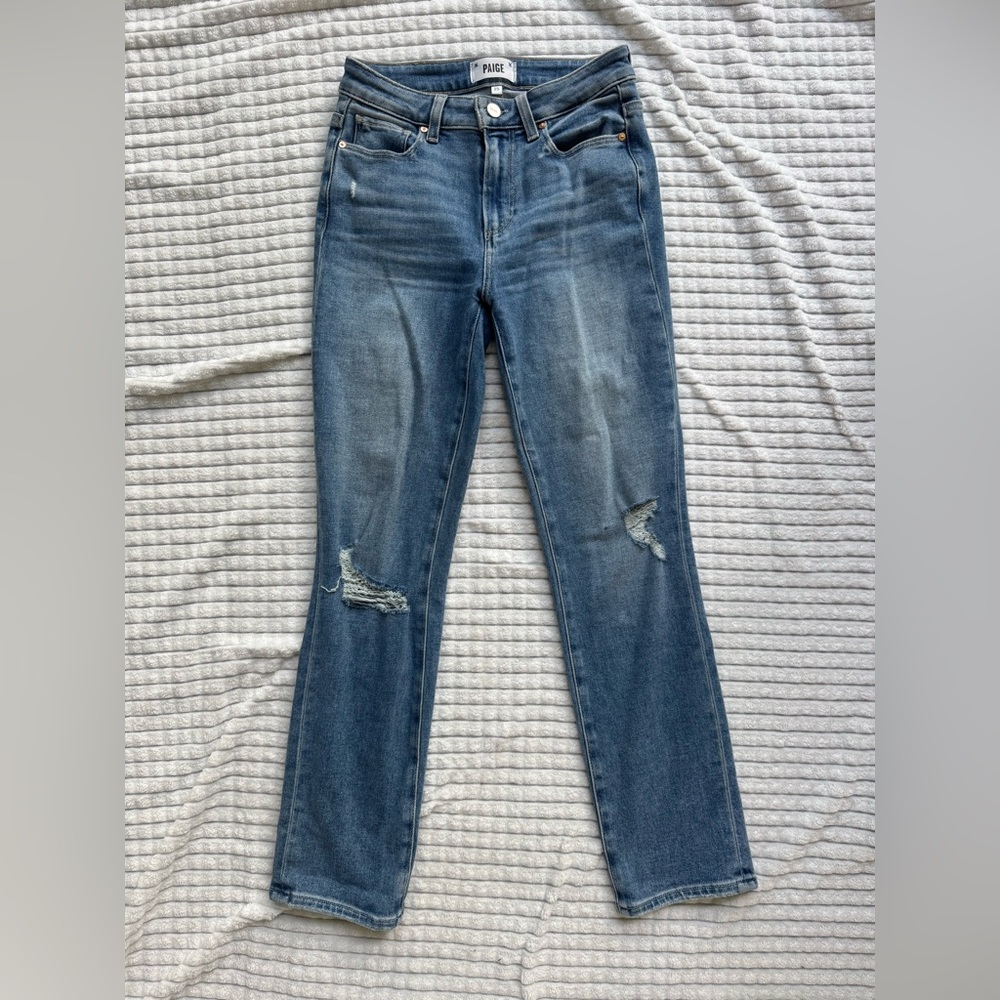 PAIGE Blue Straight Leg Jeans with Distressed Details